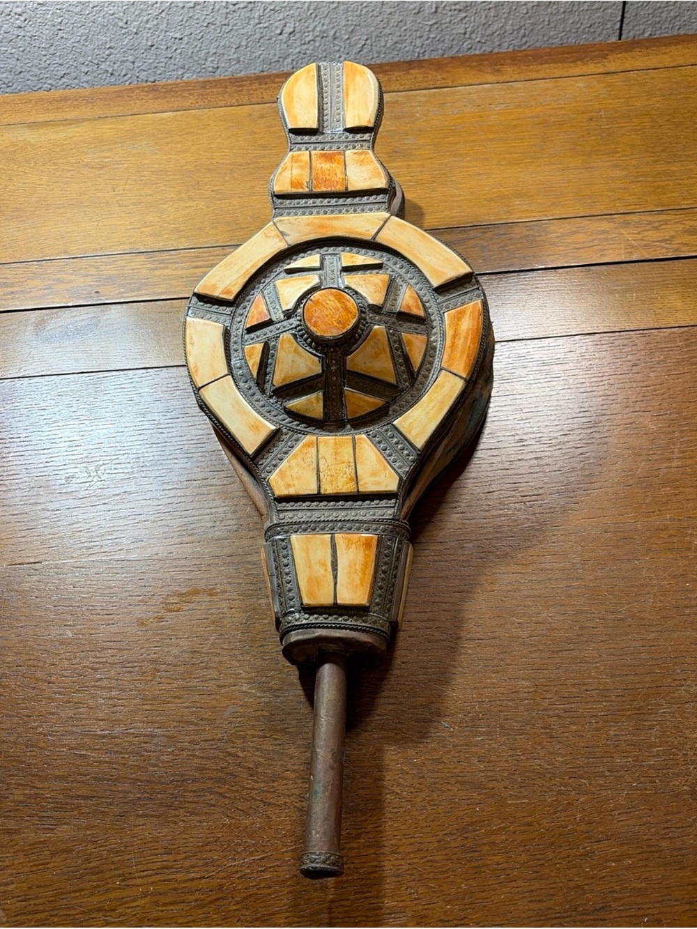 Vintage Ornate Fireplace Bellows Wood Brass Tone Bone Inlay Hearth Cabin 20”